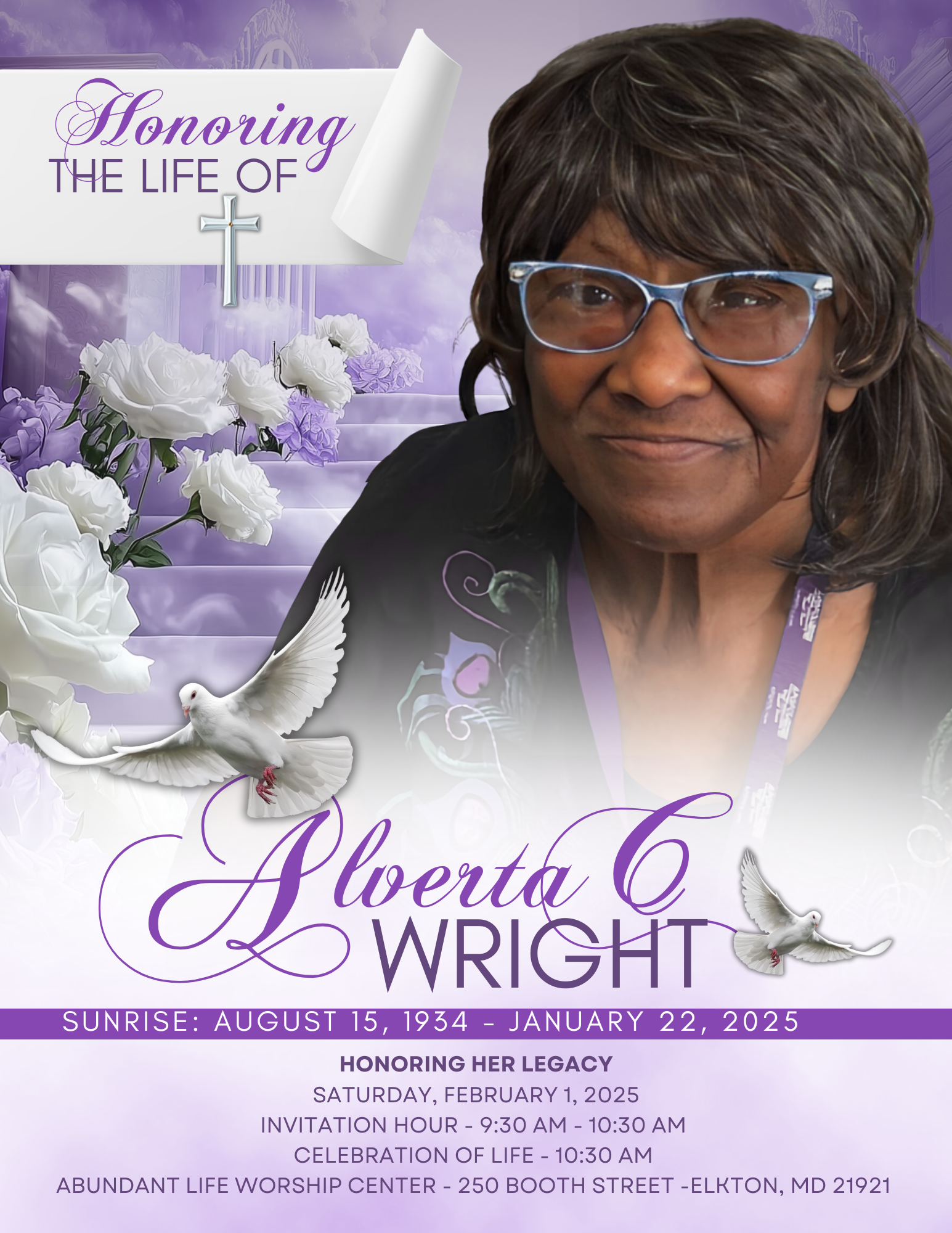 Alverta C. Wright, 90, was born on August 15, 1934, to the late William Duckery of Morristown, PA, and Evelyn Iona Gibbs of Chesapeake City, MD. She was preceded in death by her beloved husband, G.png