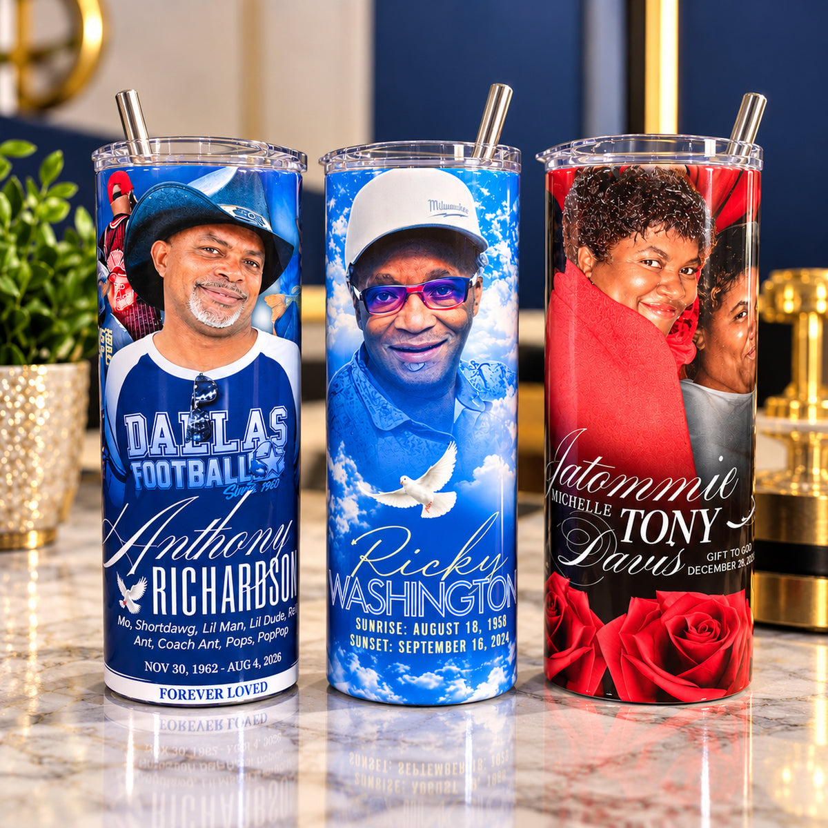 Three personalized photo memorial tumblers created by Serenity Impressions
